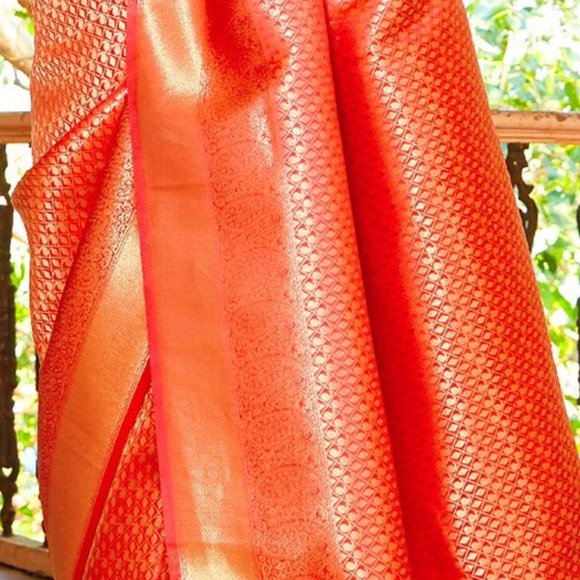 JHEAPS DARK ORANGE SOFT KANJIVARAM SILK WOVEN GORGEOUS DESIGNER SAREE - Picture 2 of 3